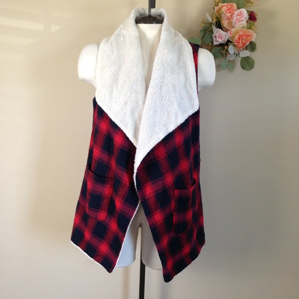 E2 Clothingl Red Black Plaid Sherpa Lined Vest